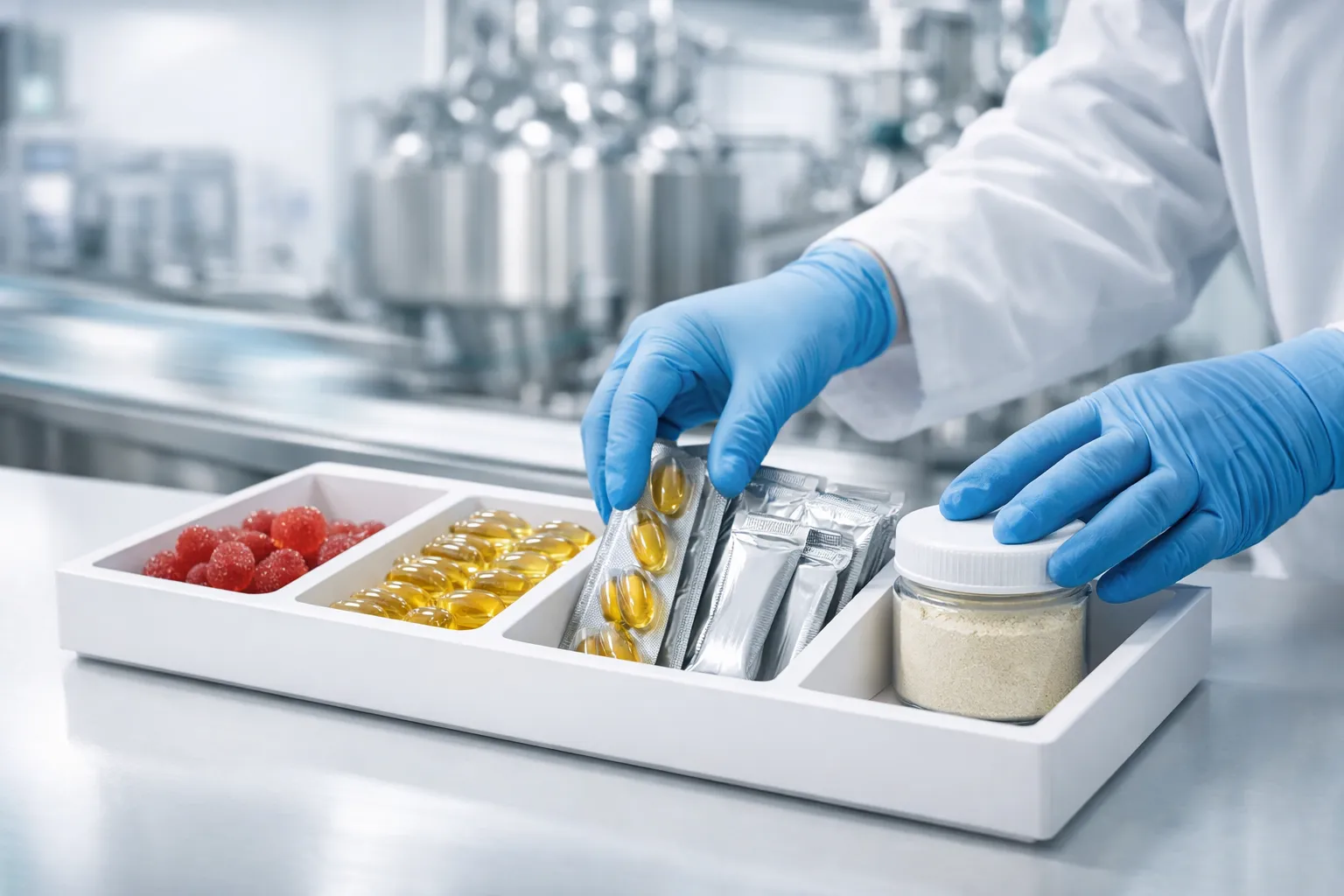 Close-up of premium dietary supplement capsules being precisely bottled in a cGMP certified facility